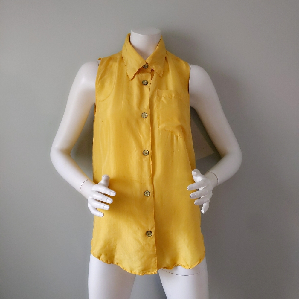 Vtg 90s CLIO Gold Yellow Sleeveless Silk Pocket Blouse S